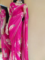 Pink Color Printed With Peral Lace Border Georgette Trending Saree Colorful Saree