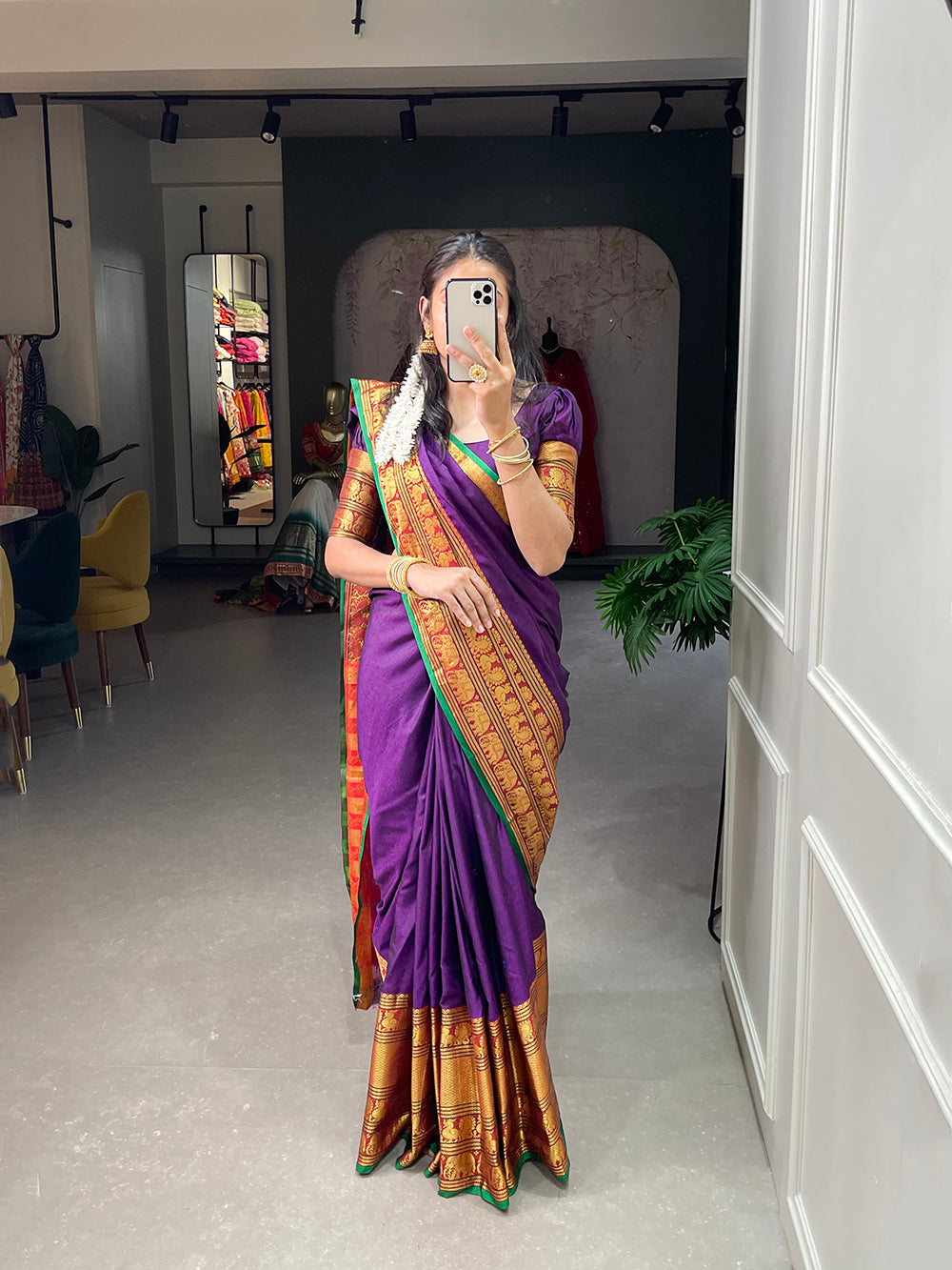 Purple Color Zari Weaving Work Narayan Pet Saree Colorful Saree