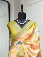 Yellow Color Digital Printed Handloom Kotha Border Saree Colorful Saree