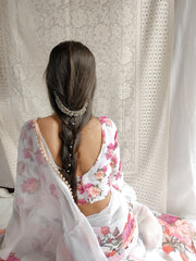White Color Printed With Pearl Lace Border Georgette Saree Colorful Saree