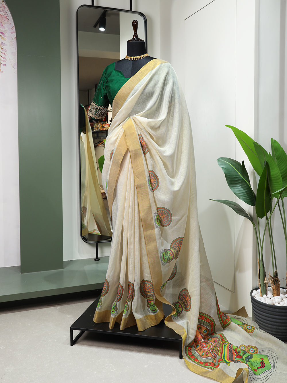 Kathak Design Printed Kasavu Zari Border Saree Colorful Saree