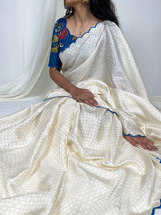 White Color Vibrant Gadwal Chex Saree with Arca Work & Printed Linan Blouse Colorful Saree