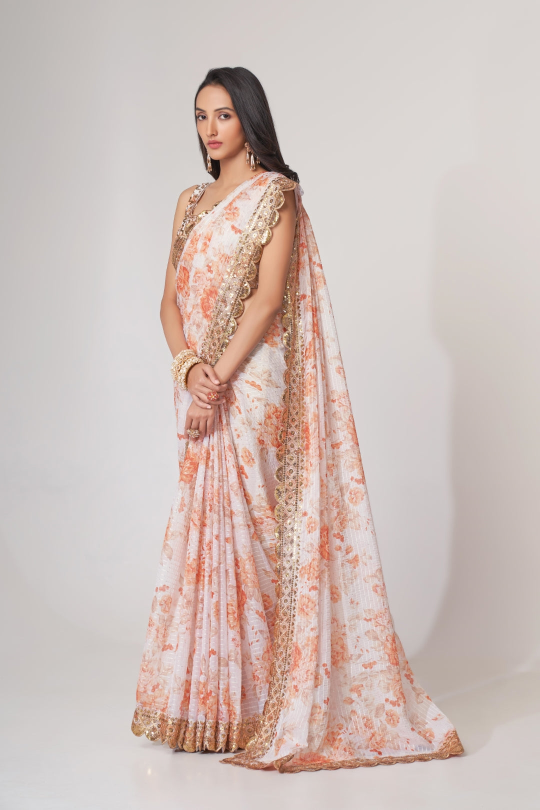 White Organza Saree with Sequin Embroidery and Digital Print Colorful Saree