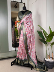 Pink Color Printed With Zari Border Dola Silk Saree Colorful Saree