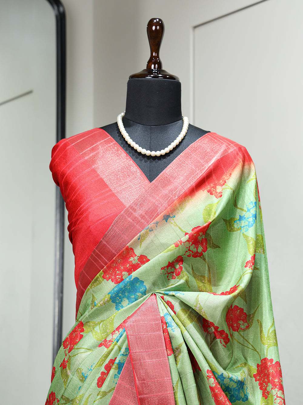 Abstract Digital Printed Metalic Green Kota Silk Saree – SHANGRILA DESIGNER