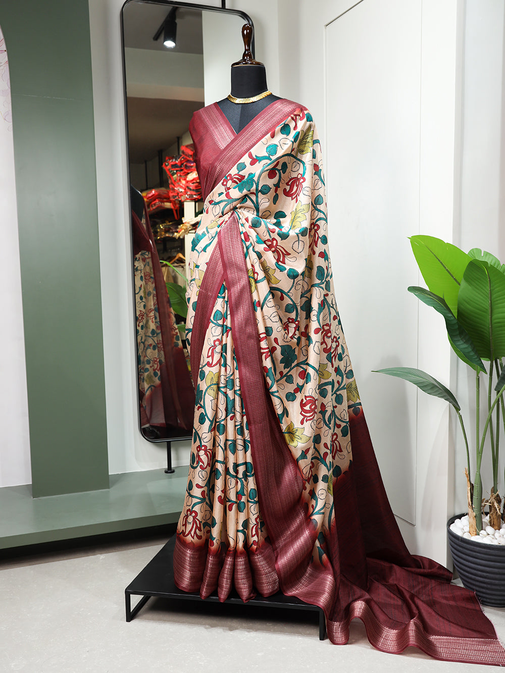 Maroon Color Printed With Zari Border Dola Silk Saree Colorful Saree