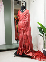 Red Color Printed With Zari Border Dola Silk Saree Colorful Saree