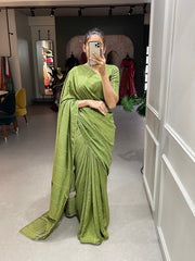 Mehendi Color Sequins And Zari Work Viscose Chanderi Saree - Colorful Saree