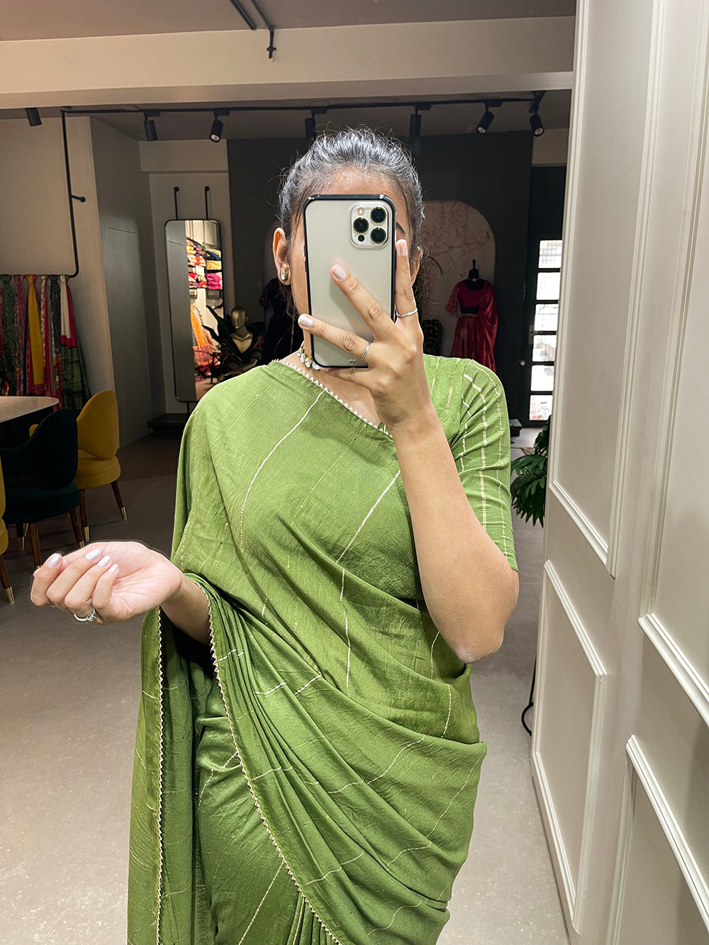 Mehendi Color Sequins And Zari Work Viscose Chanderi Saree - Colorful Saree