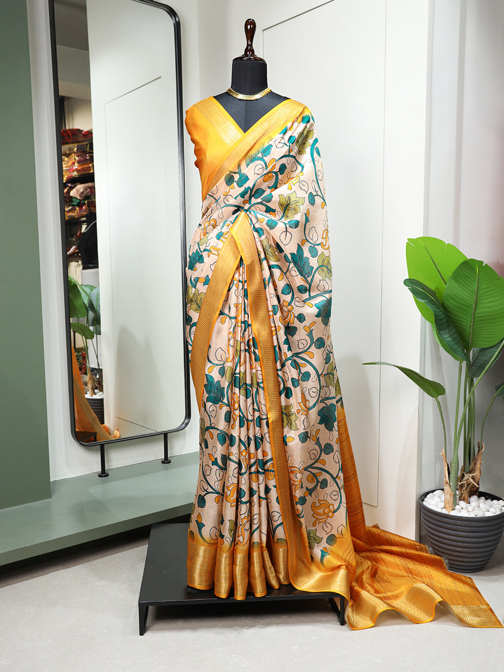 Yellow Color Printed With Zari Border Dola Silk Saree Colorful Saree