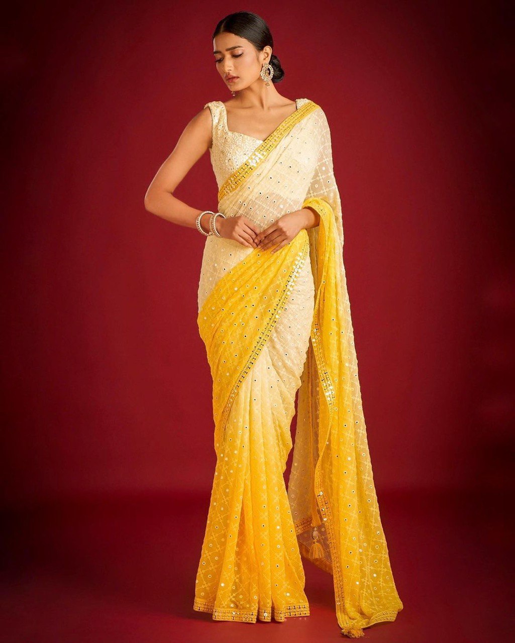 Yellow and White Pure Georgette Embroidered Sequence Work Saree Colorful Saree