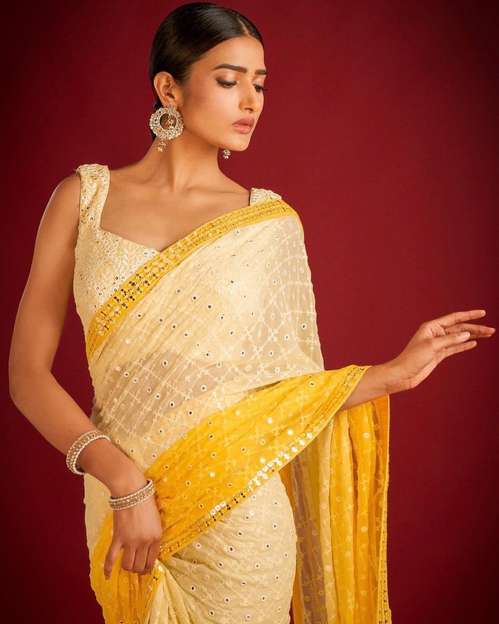 Yellow and White Pure Georgette Embroidered Sequence Work Saree Colorful Saree