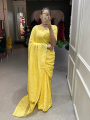 Yellow Color Sequins And Zari Work Viscose Chanderi Saree - Colorful Saree