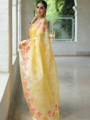 Yellow Organza Silk Saree with Resham Floral Embroidery Colorful Saree