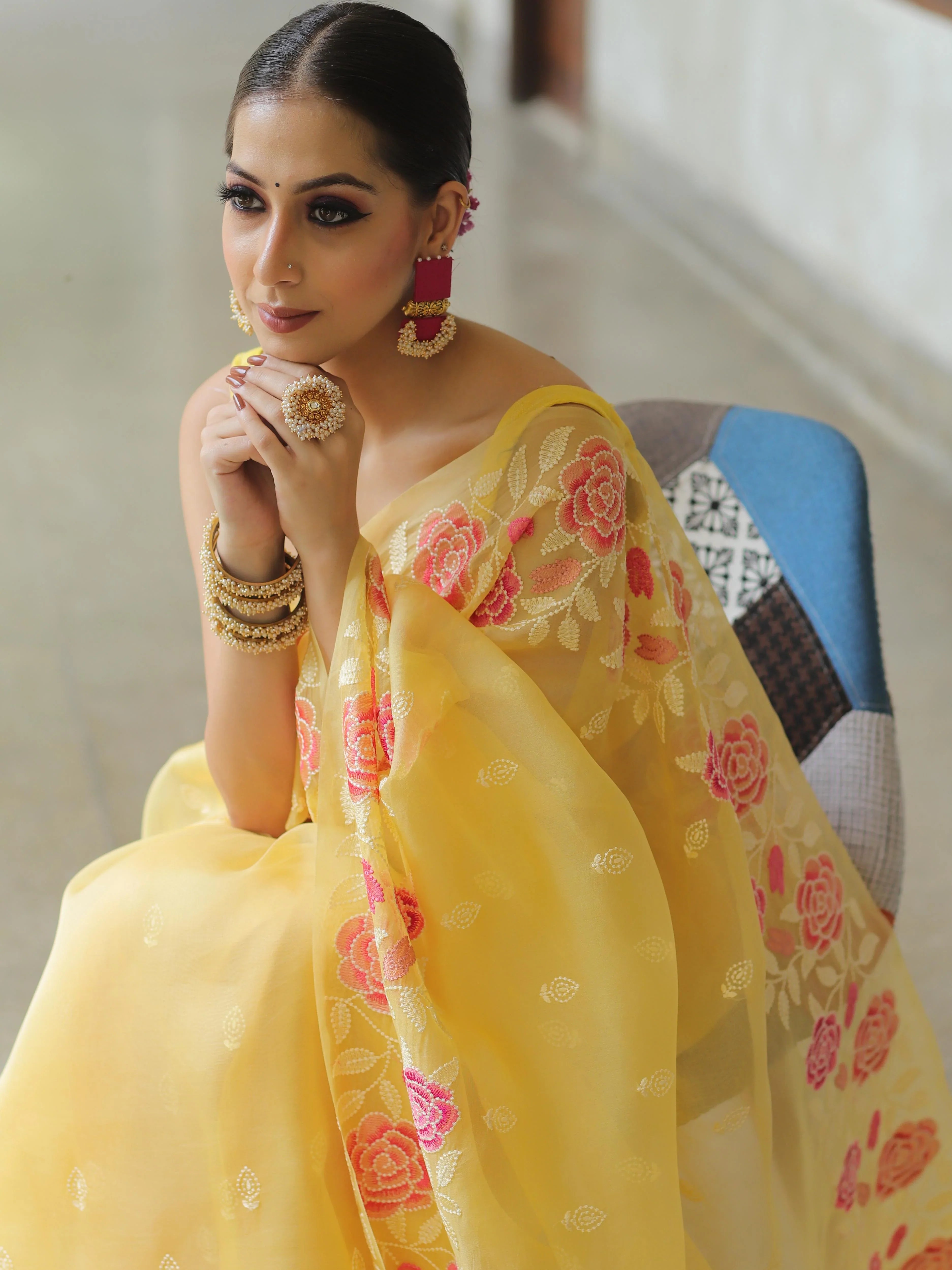 Yellow Organza Silk Saree with Resham Floral Embroidery Colorful Saree